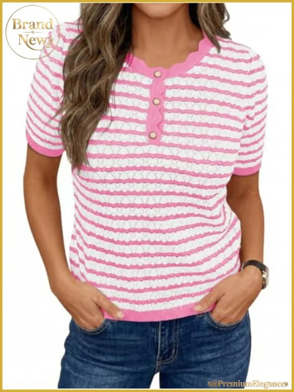 Women's Short Sleeve Striped Knit Sweater Lightweight Pullover Henley Ruffle